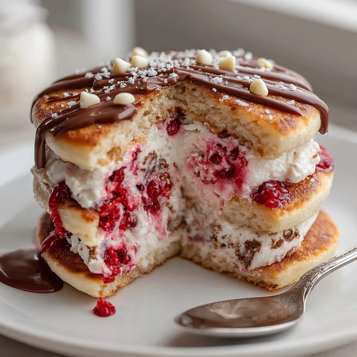 Ice cream sandwich pancakes stacked on a plate, showing creamy raspberry ripple filling and white chocolate chunks.