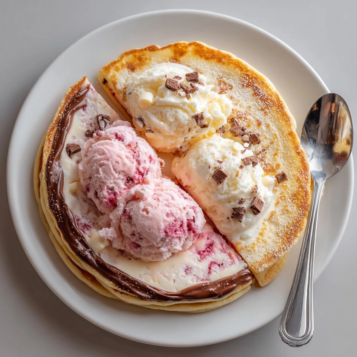 Frozen ice cream sandwich pancakes ready to serve, highlighting golden pancakes with rich raspberry and chocolate layers.