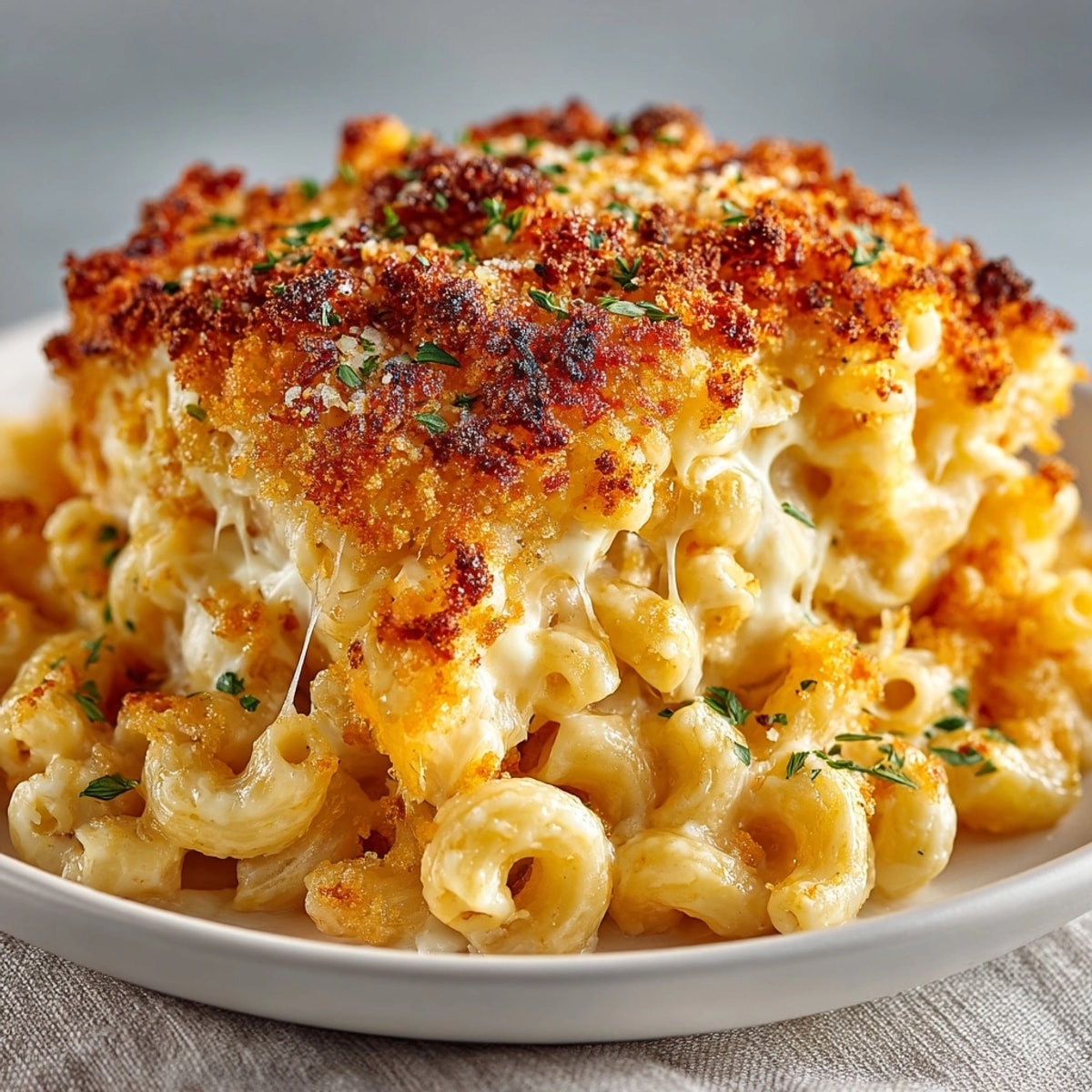 Baked macaroni and cheese bubbling in a casserole dish with crispy breadcrumb topping.