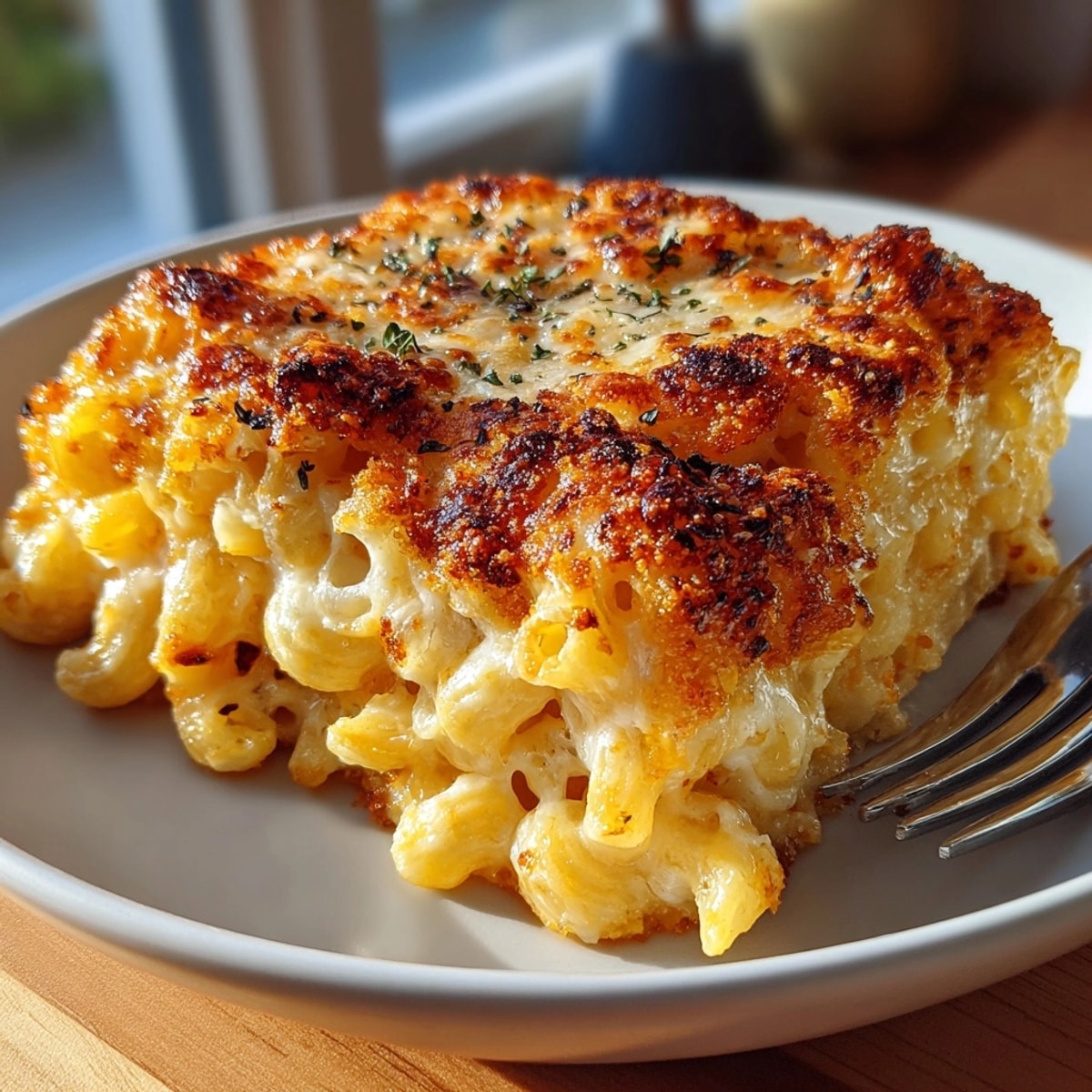 Golden baked macaroni and cheese served hot with gooey cheese sauce and toasted crust.