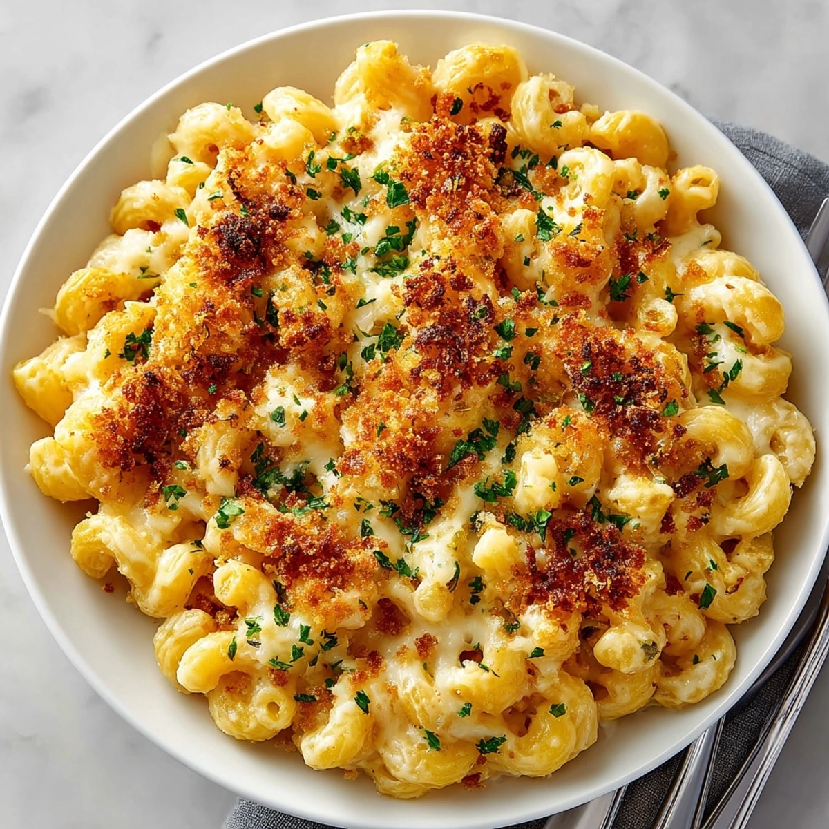 Comforting baked macaroni and cheese plated as a main dish, melty and richly browned.