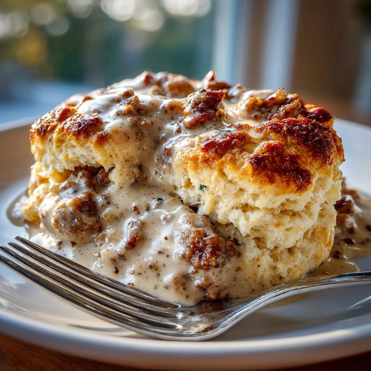 Freshly baked biscuits and gravy served warm on a plate, steaming with creamy sausage sauce.