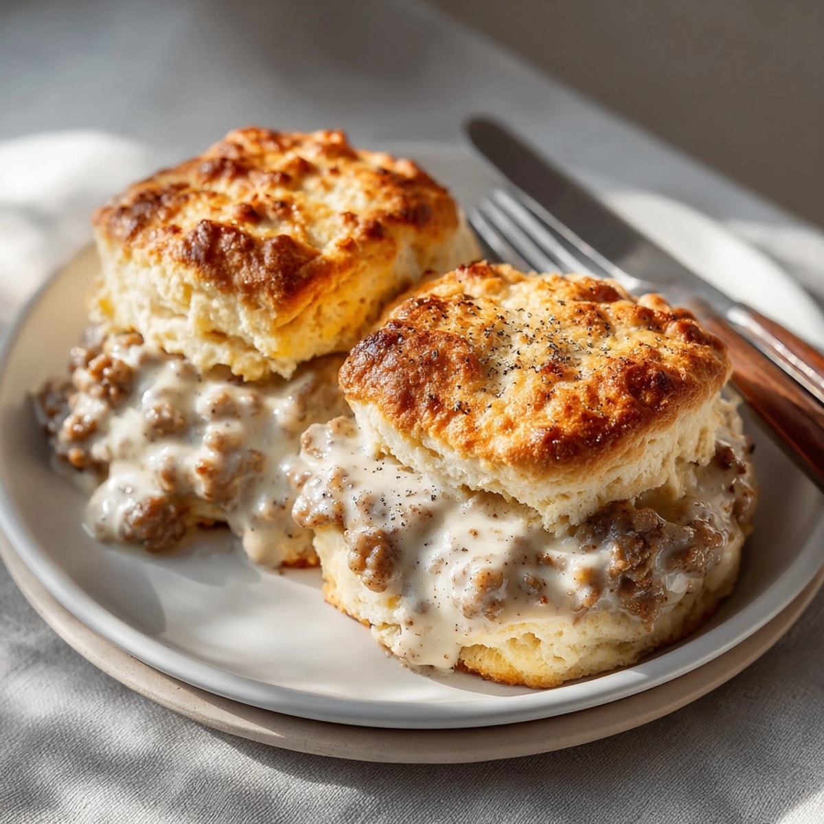 Golden Southern biscuits with rich sausage gravy poured on top, perfect for a cozy breakfast.