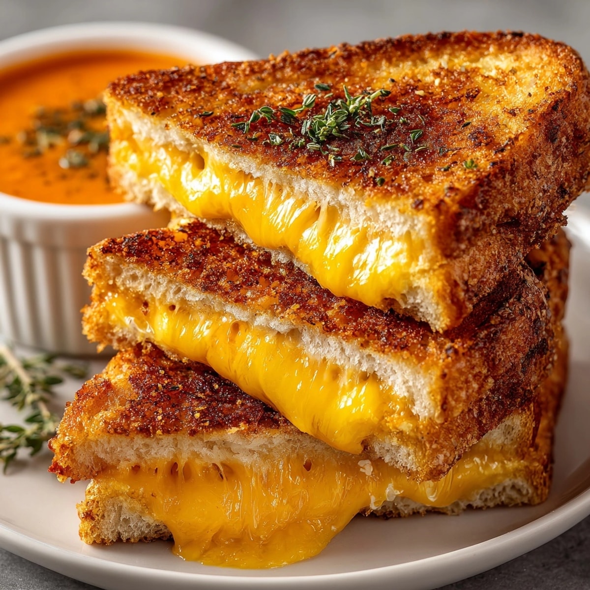 Golden brown grilled cheese sandwich dipping into vibrant tomato soup, comforting American lunch pairing.