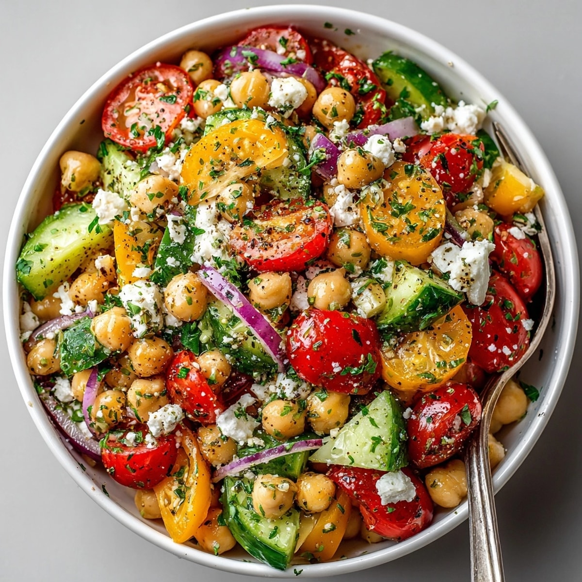 Fresh Mediterranean Chickpea Salad served chilled, garnished with parsley and sprinkled feta cheese