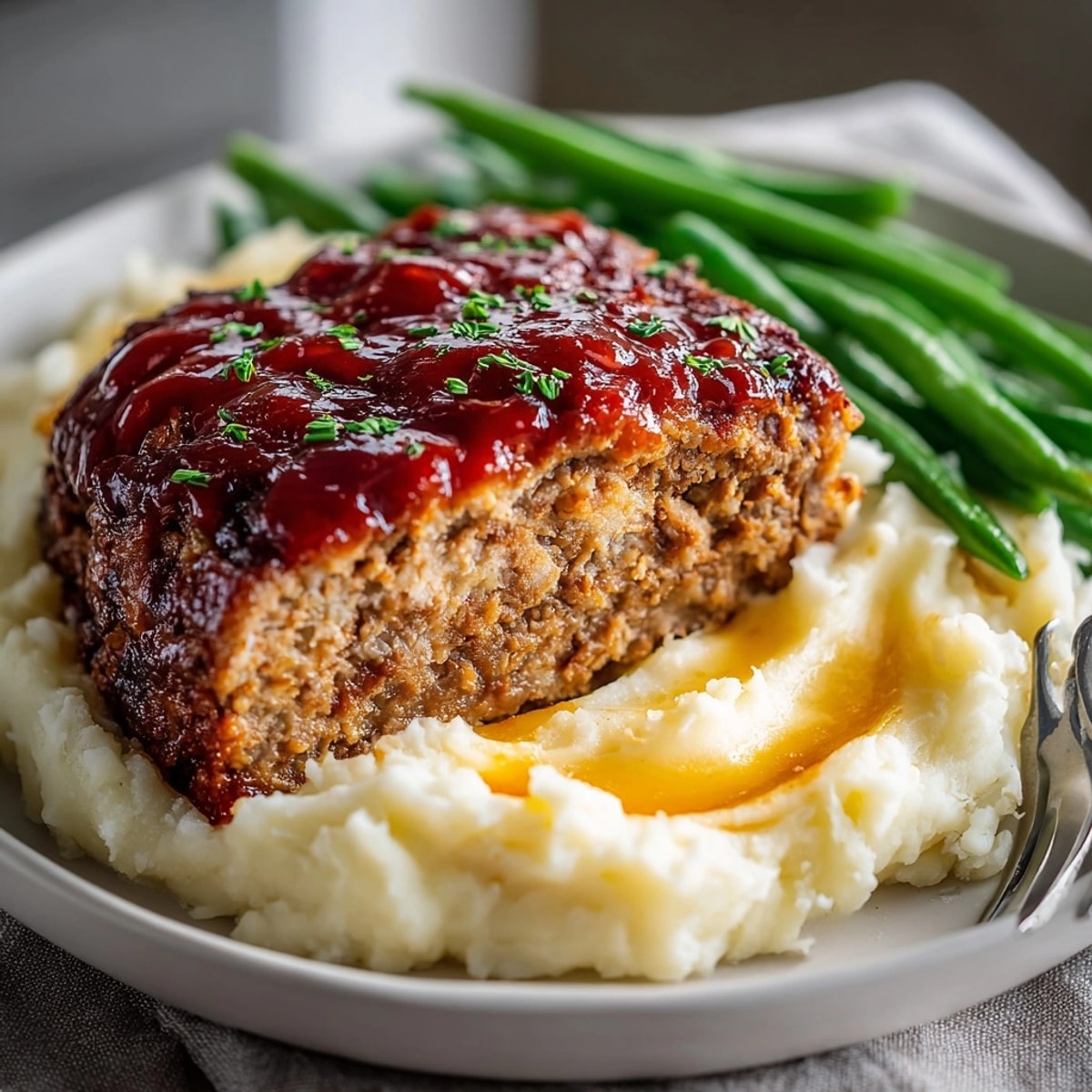 Meatloaf with mashed potatoes and green beans plated together for a classic American comfort meal.