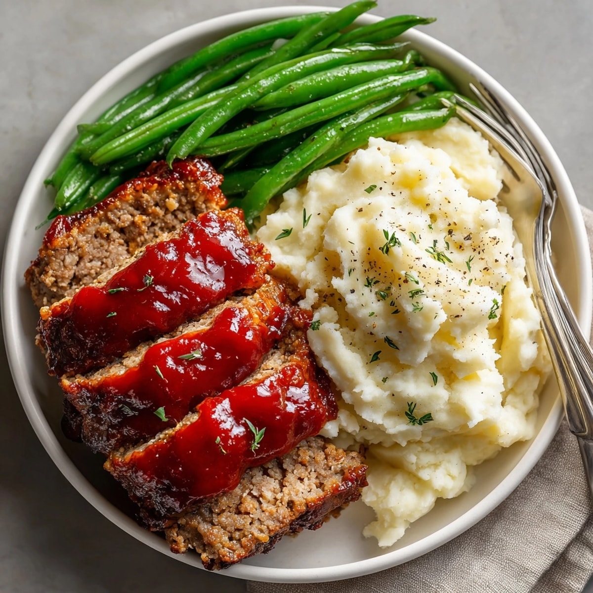 Juicy meatloaf served beside buttery mashed potatoes and crisp green beans on a homestyle table.