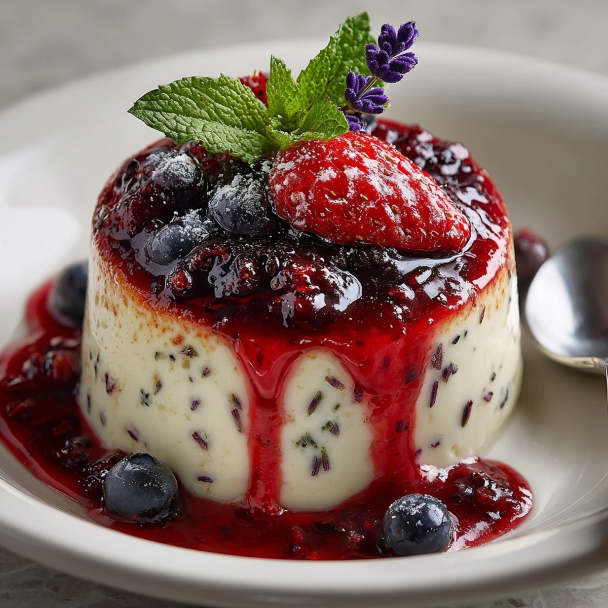 Honey Lavender Panna Cotta with Mixed Berry Compote elegantly served in glass jars with fresh mint garnish.