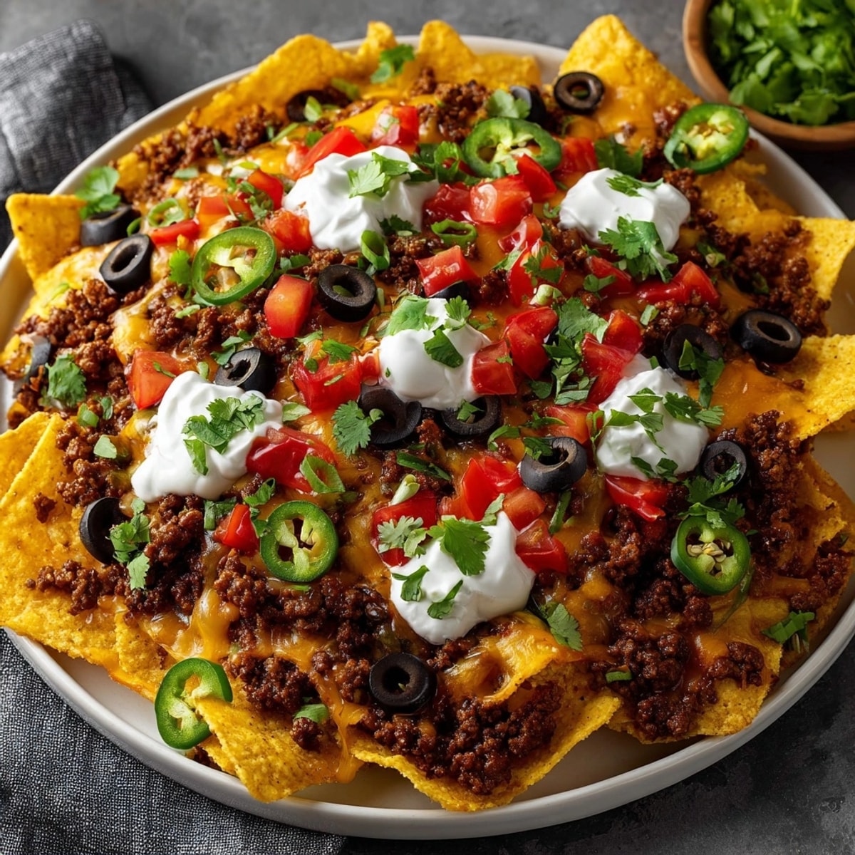 Loaded Nacho Share Platter topped with melty cheese, black olives, tomatoes, and fresh cilantro.