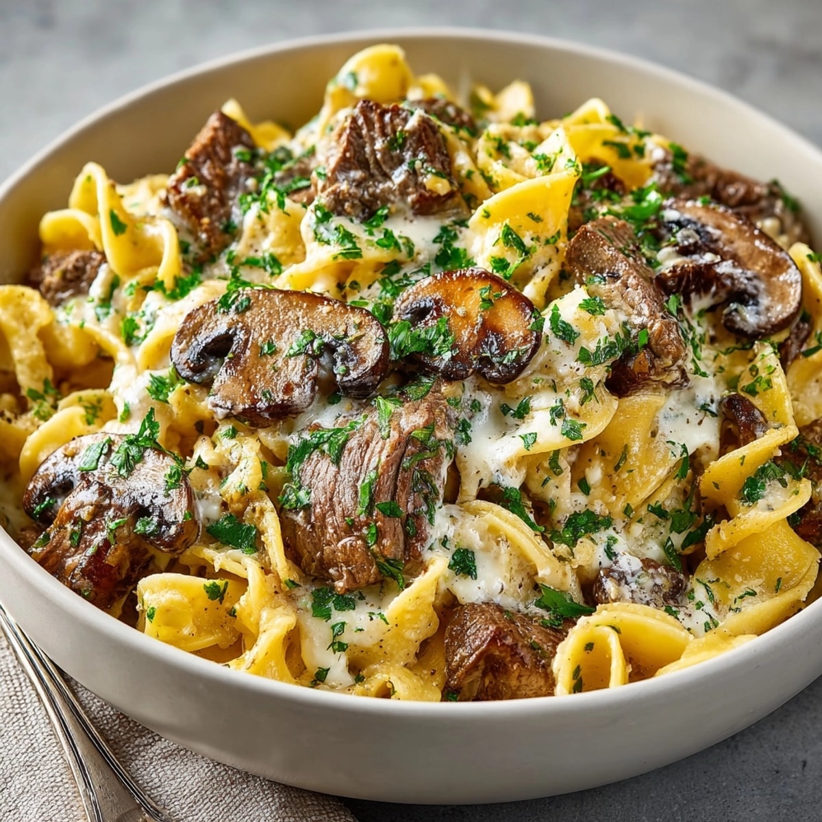 One-Pot Beef Stroganoff with Mushrooms and Egg Noodles served in a bowl, creamy sauce glistening.