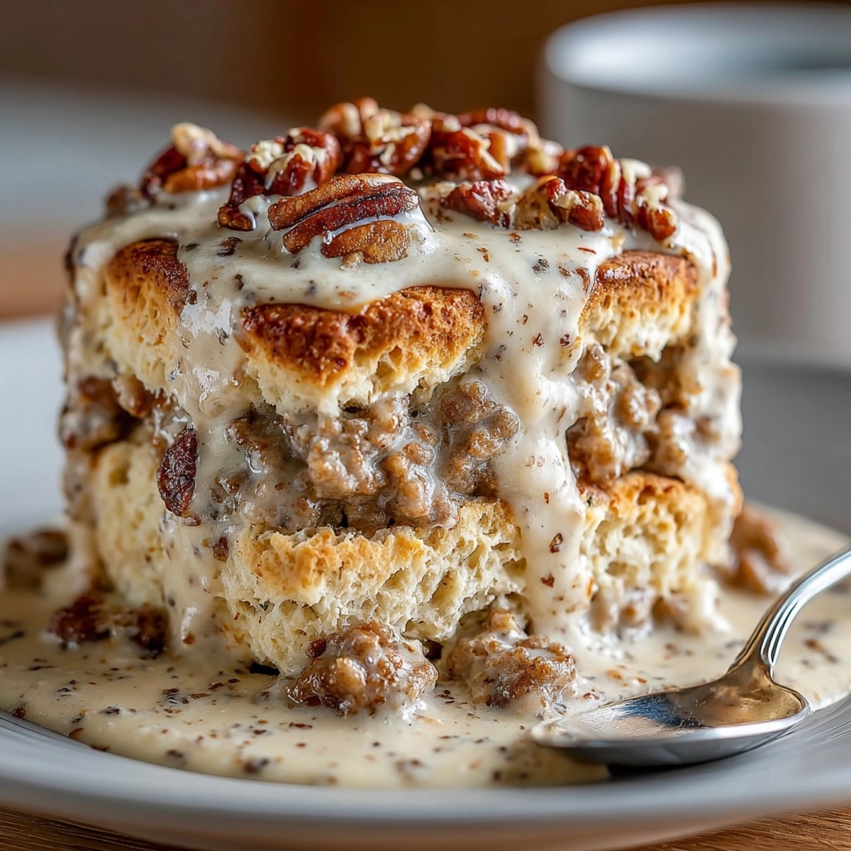 Hearty Biscuits and Country Sausage Gravy piled high on a plate, steaming hot and creamy.