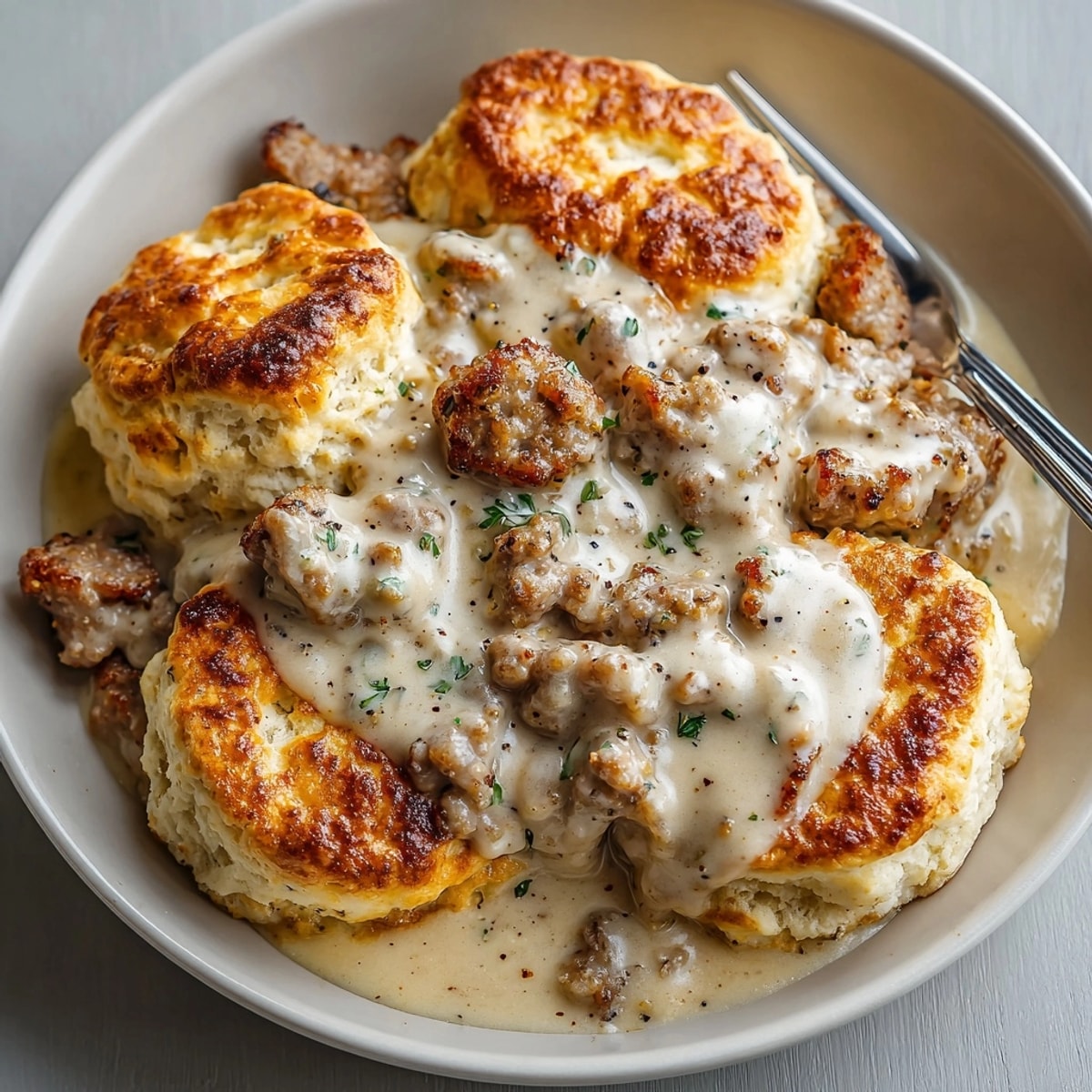 Hearty Biscuits and Country Sausage Gravy served fresh with cracked black pepper and rustic farm vibes.
