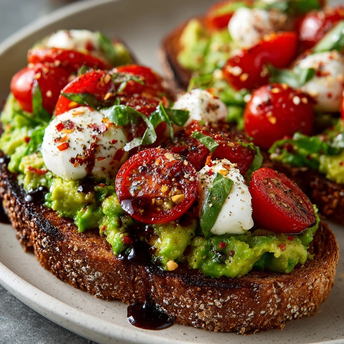 Slices of Caprese Avocado Toast topped with fresh mozzarella, juicy tomatoes, and basil leaves.