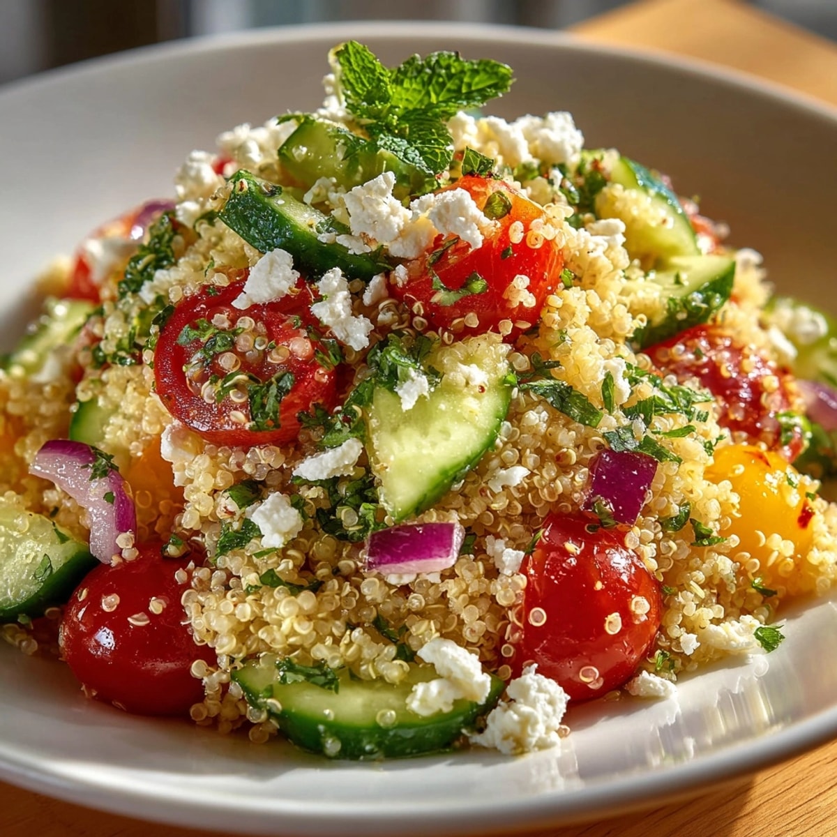 Colorful bowl of cucumber mint quinoa salad with fresh herbs and zesty lemon dressing.