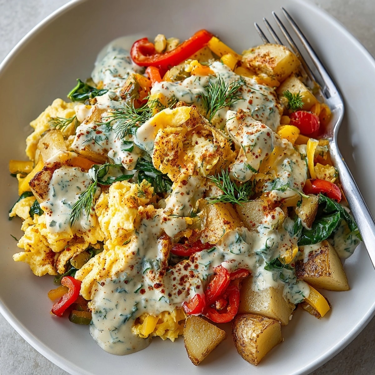 Pickle-Fix Prairie Scramble with Dill Ranch Drizzle topped with melty cheddar and fresh diced pickles.