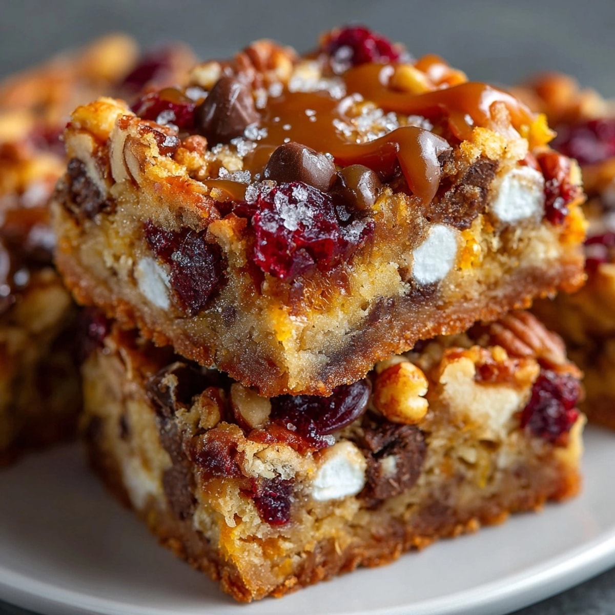 Chaos Cake Thanksgiving Turkey Disaster Bars sliced on a platter, gooey caramel dripping, topped with sea salt.