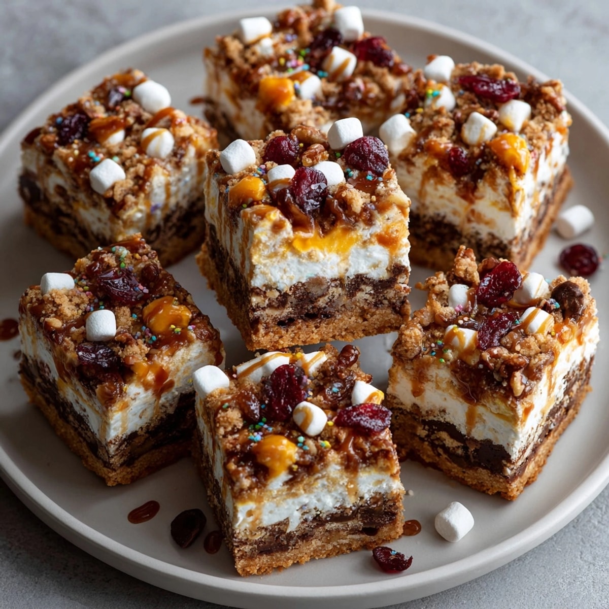 Close-up of Chaos Cake Thanksgiving Turkey Disaster Bars, marshmallows melting into swirls of pumpkin and crunchy pecans.