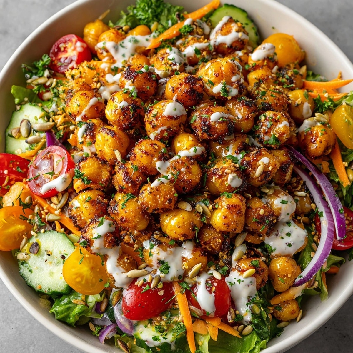 15-Minute Buffalo Chickpea Power Lunch Bowl with spicy chickpeas, crisp veggies, and creamy dressing, ready to serve.