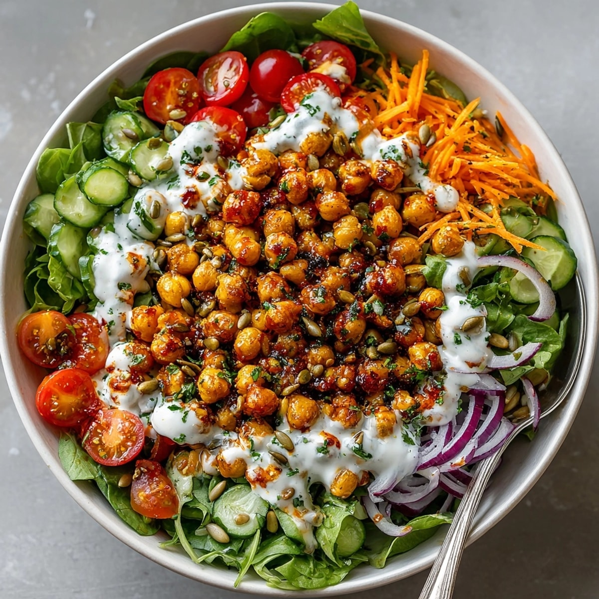 Close-up of vibrant 15-Minute Buffalo Chickpea Power Lunch Bowl tossed with fresh greens and ranch drizzle.