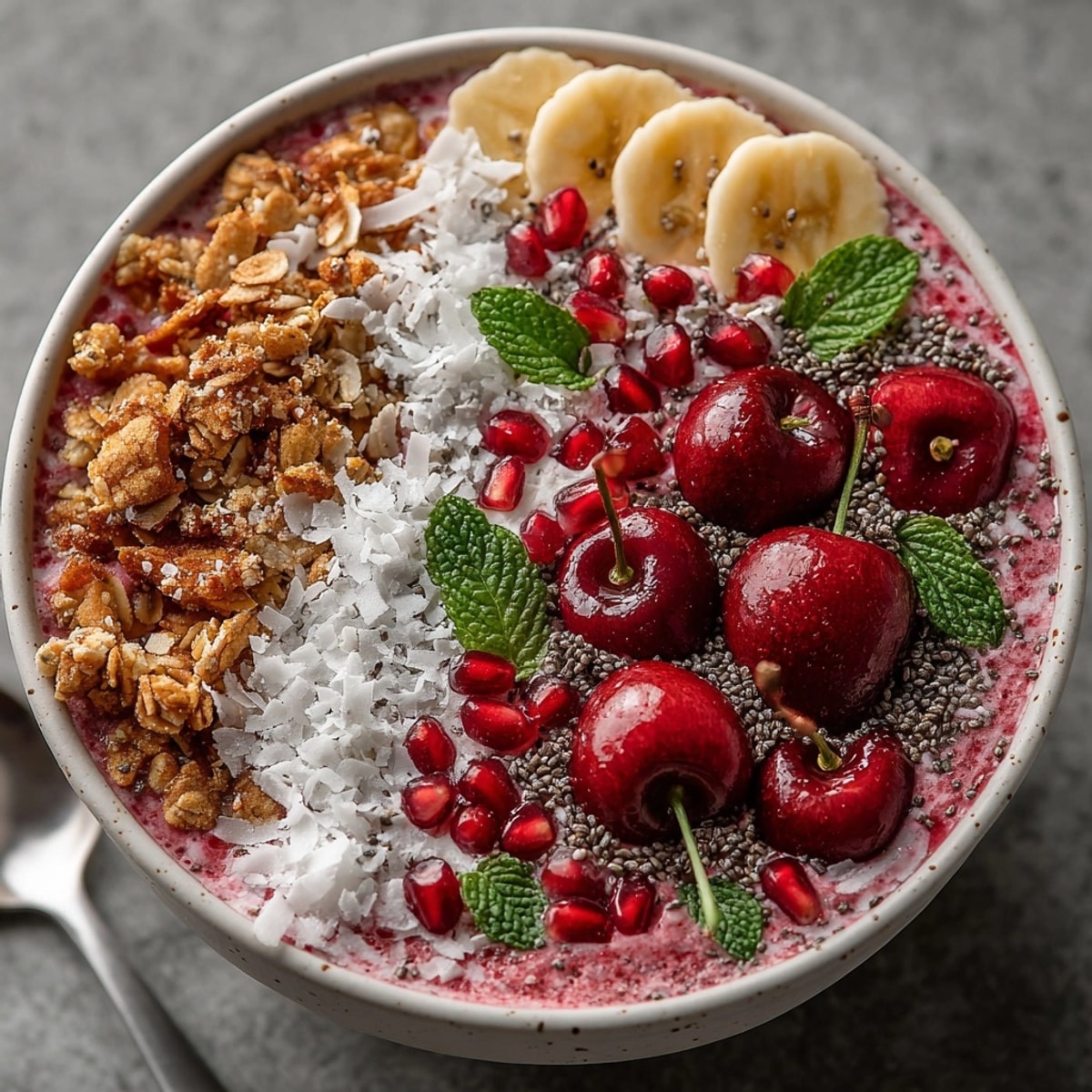 Cherry-Coded Holiday Smoothie Bowl with Pomegranate topped with granola and coconut flakes in festive presentation.