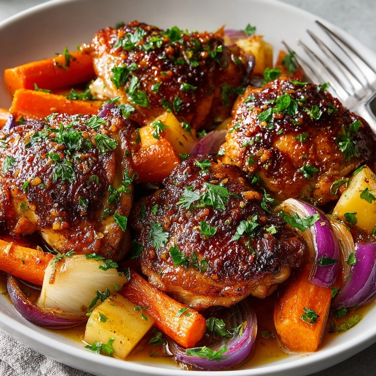 One-Pan Honey Garlic Chicken with Fall Root Vegetables roasted with caramelized edges and fresh parsley garnish.