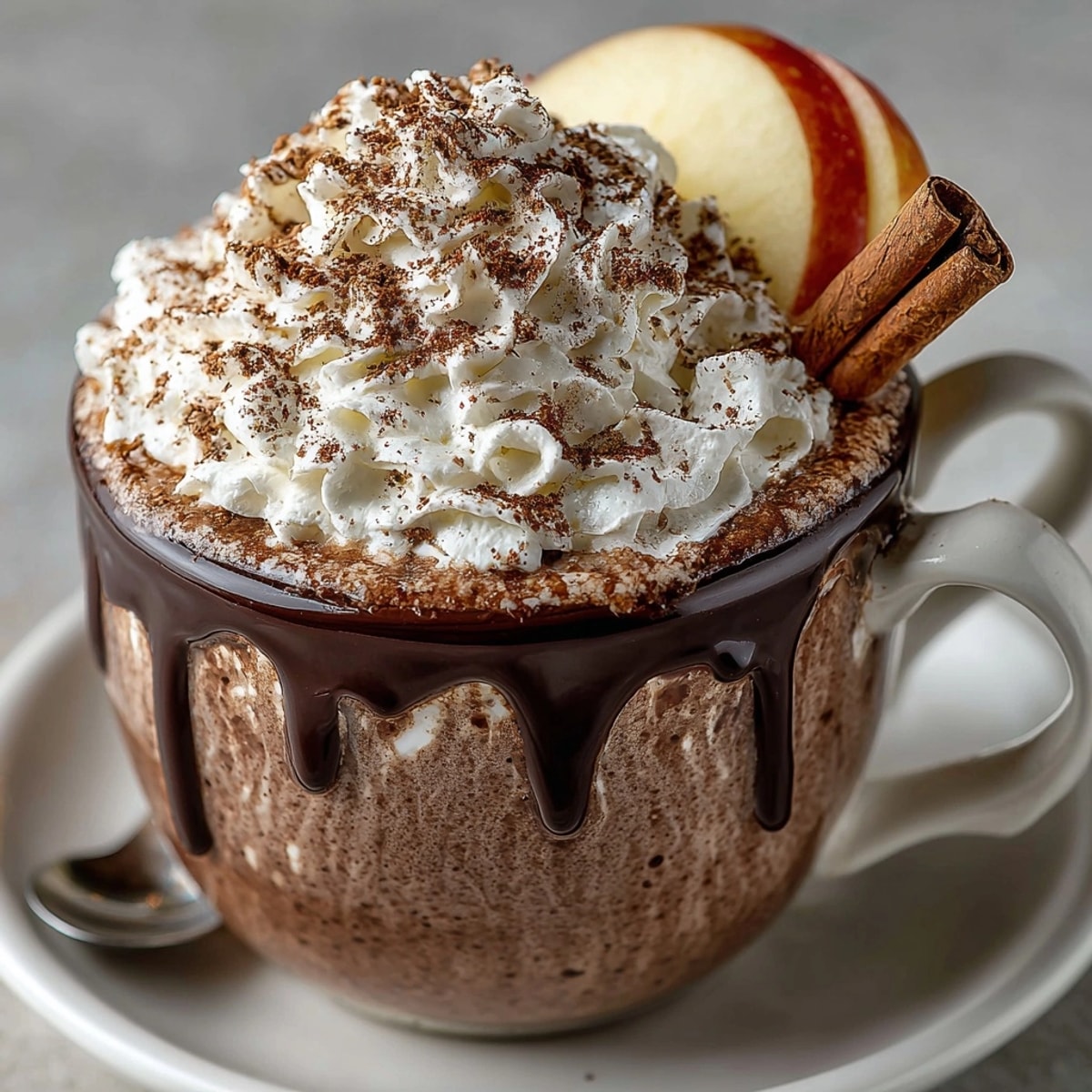 Rebel Float Apple Cider Hot Chocolate with Cinnamon Float served in mugs, topped with fluffy cinnamon whipped cream.