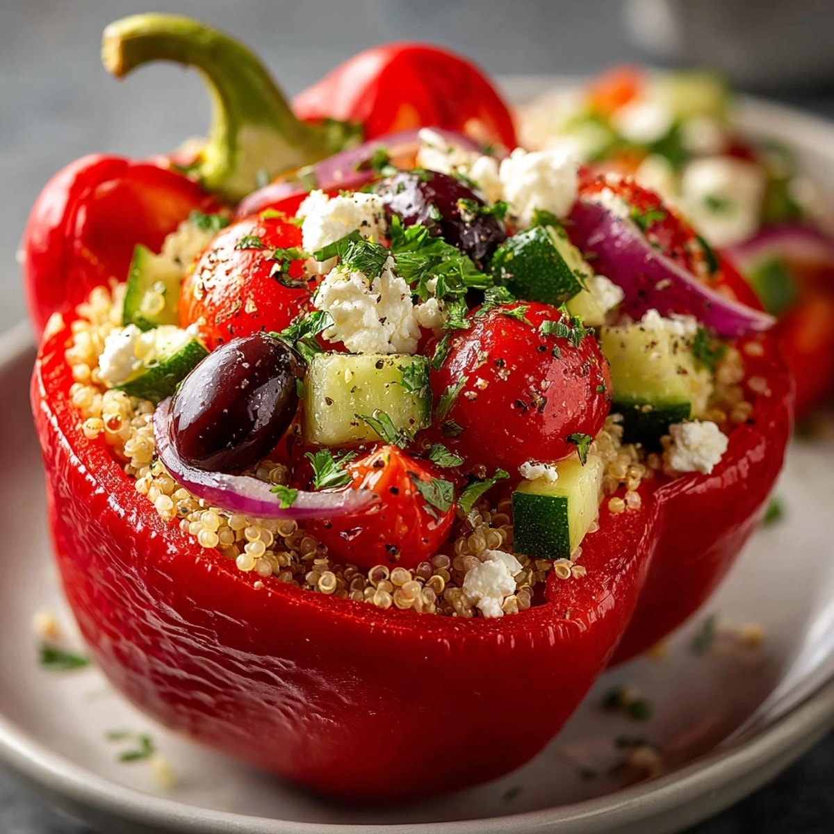 Colorful 30-Minute Mediterranean Quinoa Stuffed Peppers, baked and garnished with fresh herbs, ready to serve.