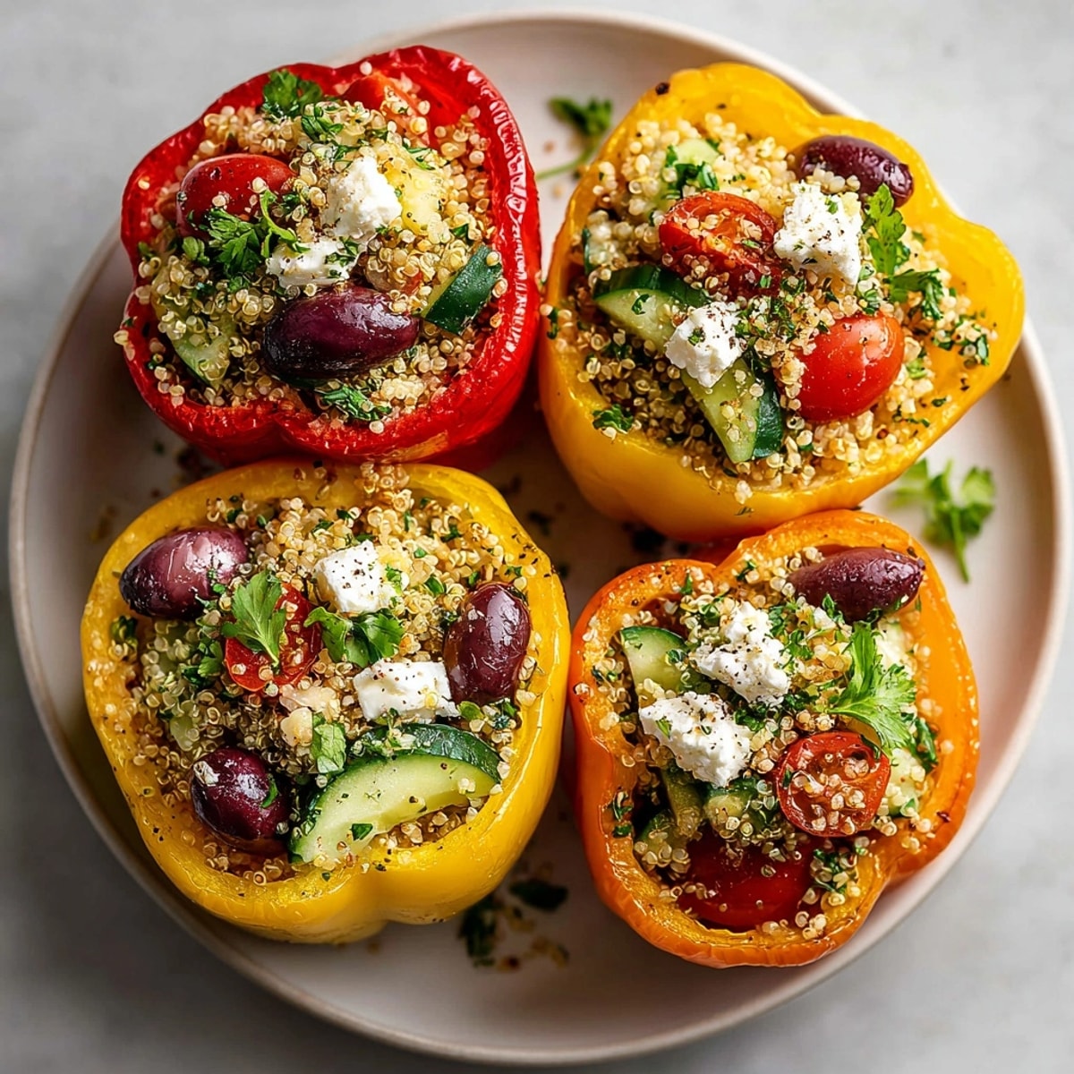 Freshly baked 30-Minute Mediterranean Quinoa Stuffed Peppers on a rustic tray, steaming and ready for a healthy main dish.