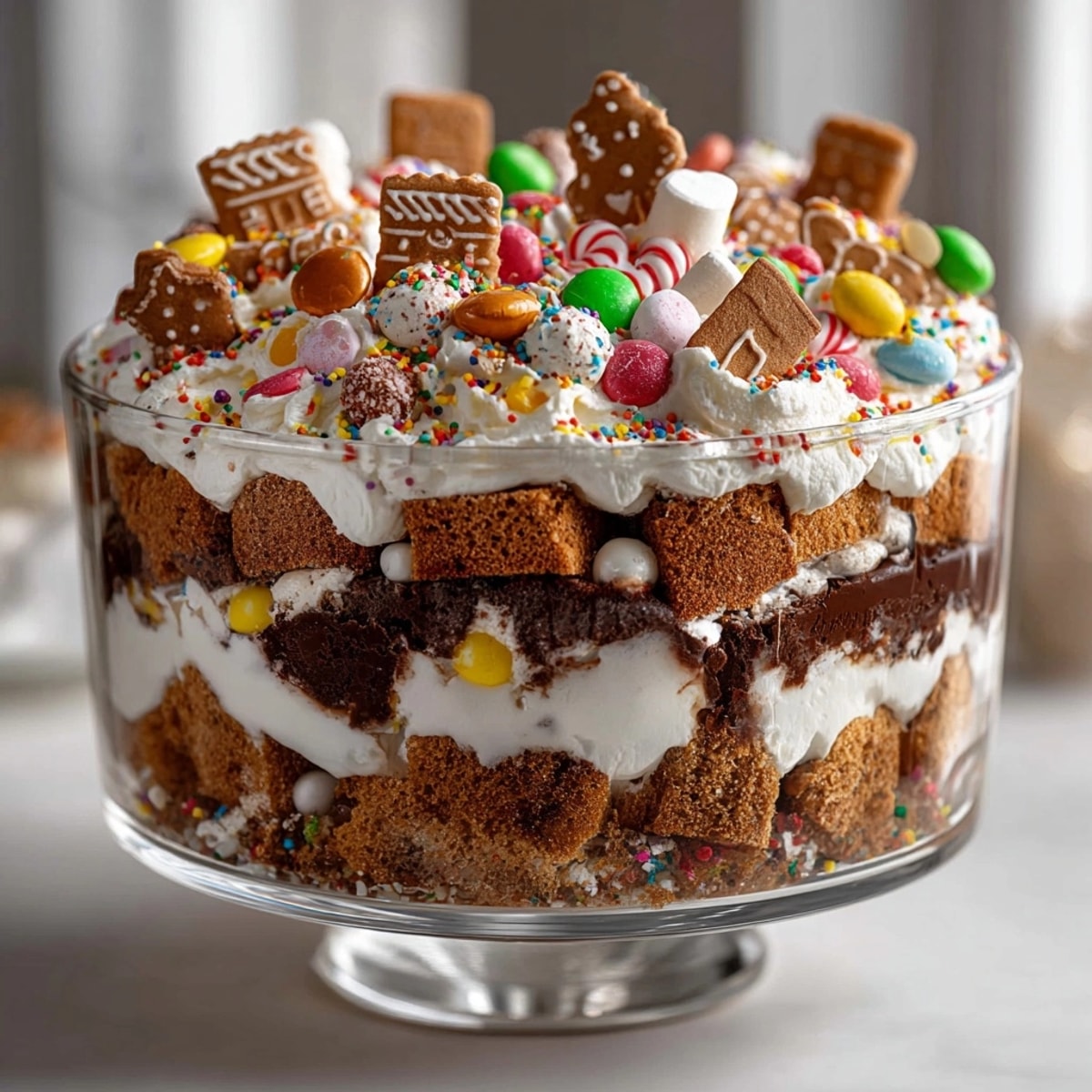 Festive Silly Cake Gingerbread House Collapse Trifle layered with candies, cream, and cake bits.