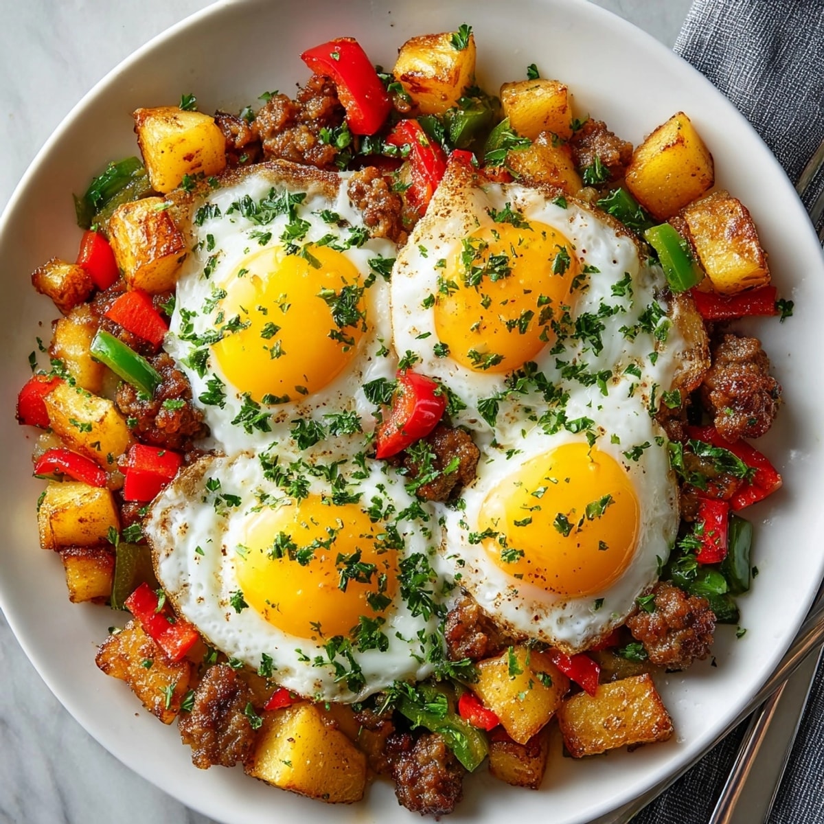 Prairie Breakfast Hash with Pickle Butter and Eggs served in a skillet, golden potatoes and vibrant peppers glistening.