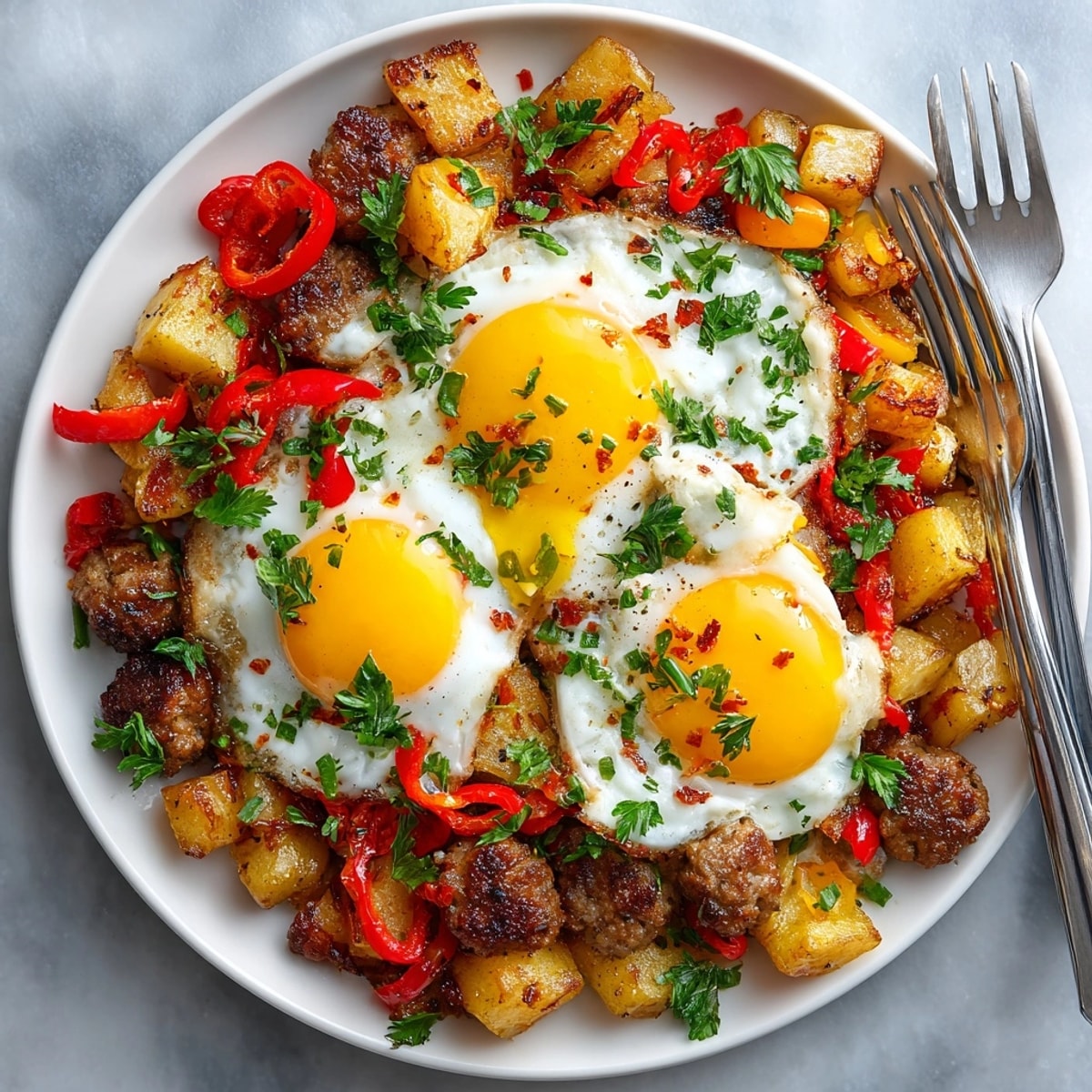 Close-up of Prairie Breakfast Hash with Pickle Butter and Eggs, rich, herbed butter melting over hot, crispy hash.