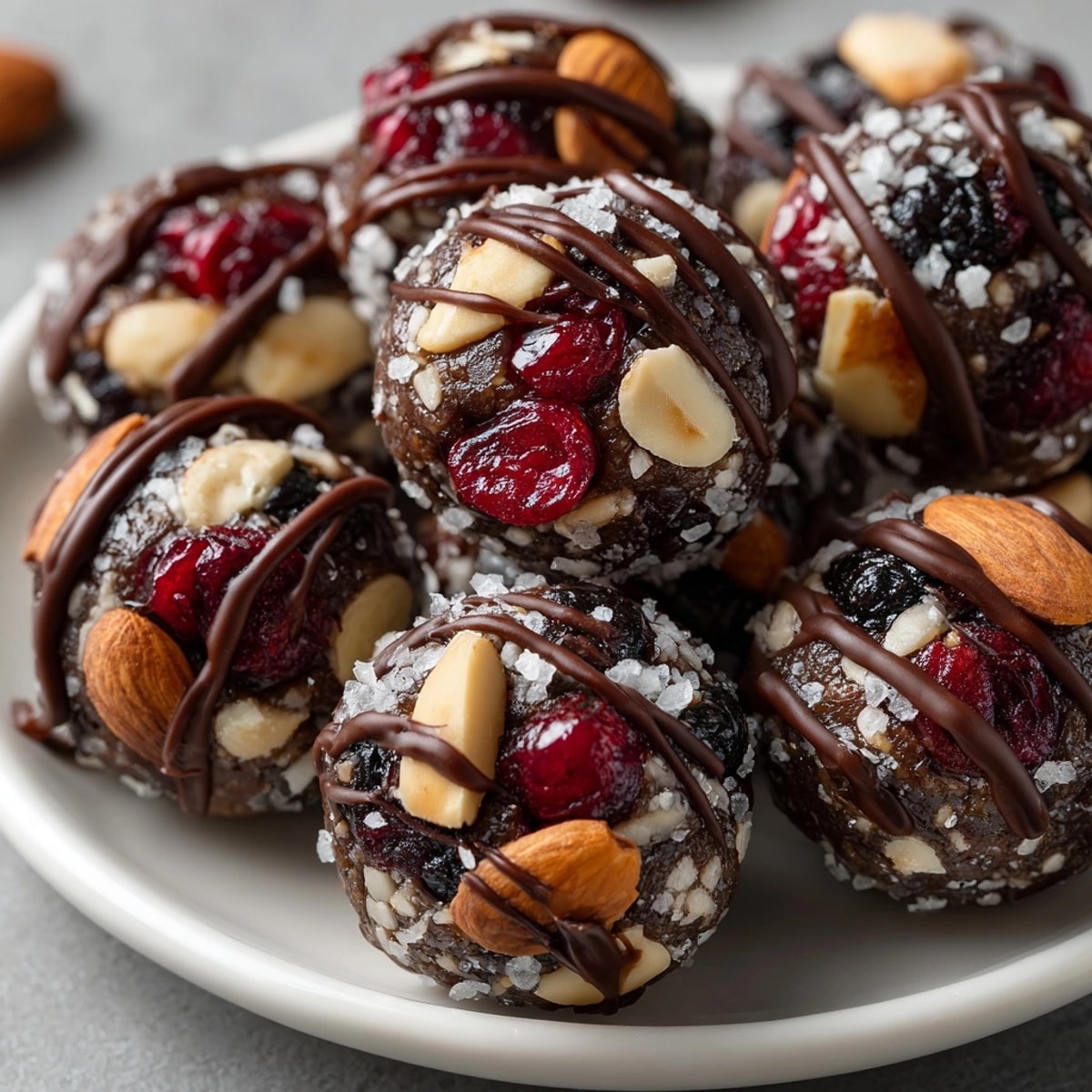 Cherry-Coded Dark Chocolate Energy Bites with Sea Salt piled on a tray, glistening with drizzle and flaky salt.