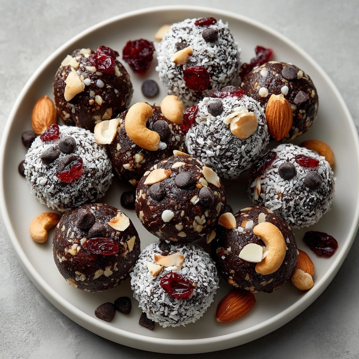 Freshly made Cherry-Coded Dark Chocolate Energy Bites with Sea Salt, ideal for healthy snacking or post-gym energy boost.