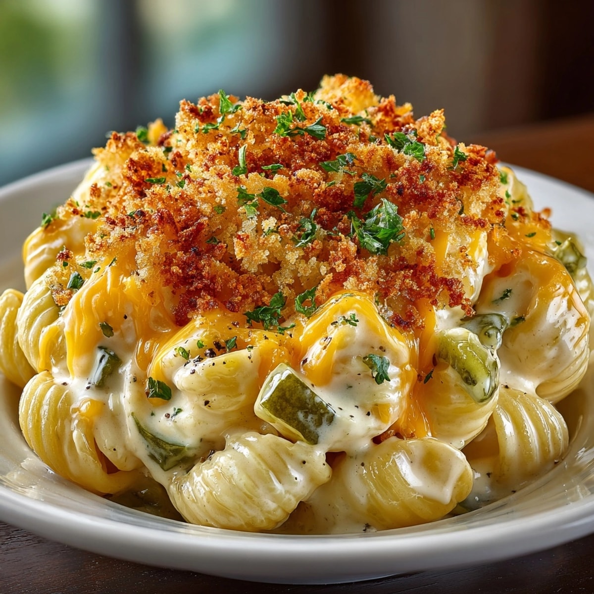 Pickle-Fix Jalapeño Popper Mac and Cheese baked with golden panko topping, steaming fresh from the oven.