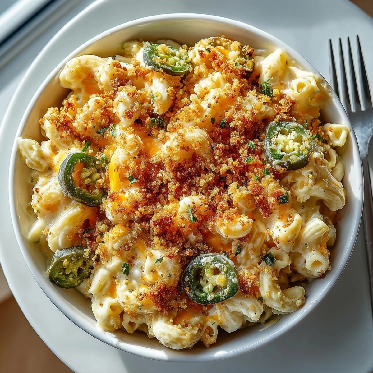 Close-up of Pickle-Fix Jalapeño Popper Mac and Cheese, showing melty cheese and crisp breadcrumb crust.