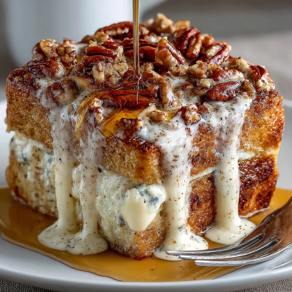 Golden All-American Maple Pecan French Toast Casserole served fresh, topped with crunchy pecans and maple drizzle.