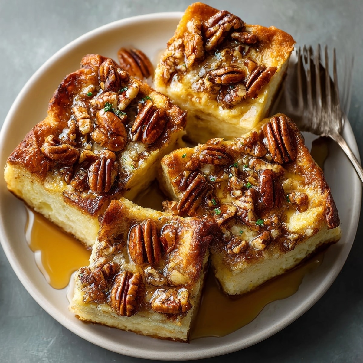 Slice of All-American Maple Pecan French Toast Casserole with custardy center and toasted pecan topping, ready to enjoy.