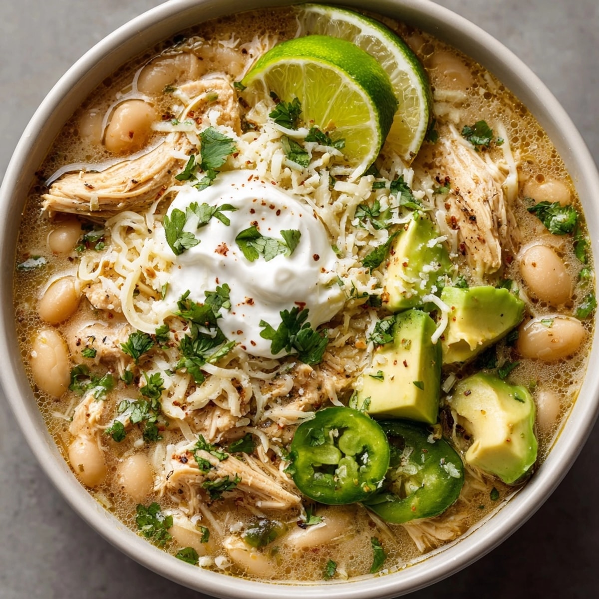 Budget-Friendly White Chicken Chili with Secret Beans served in bowls, topped with avocado and cilantro