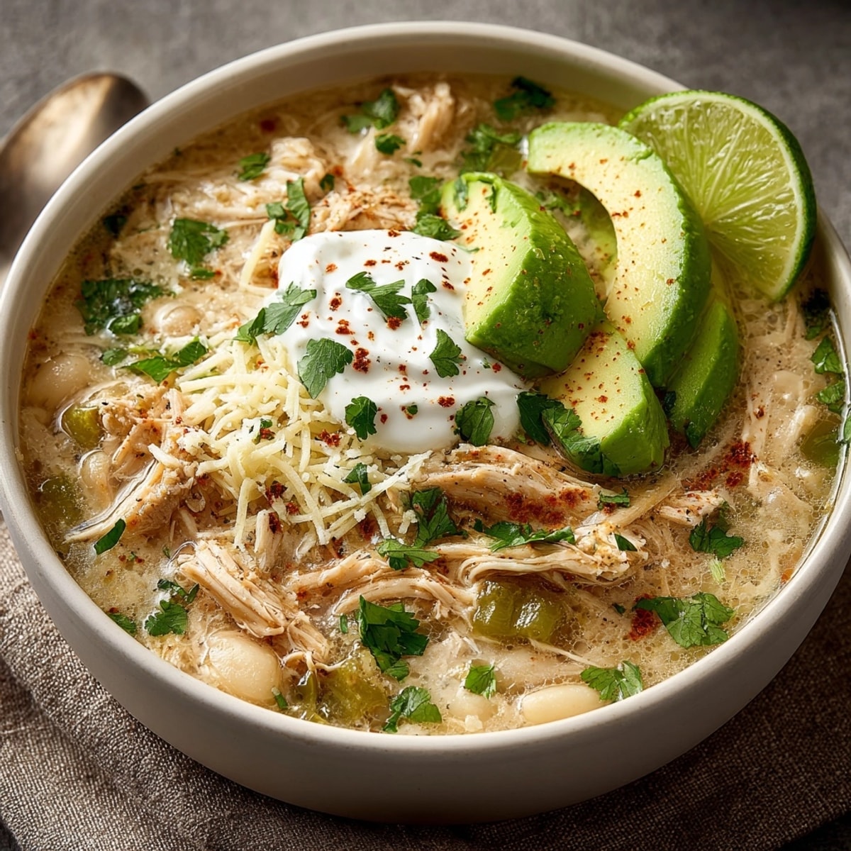 A steaming pot of Budget-Friendly White Chicken Chili with Secret Beans, creamy and golden