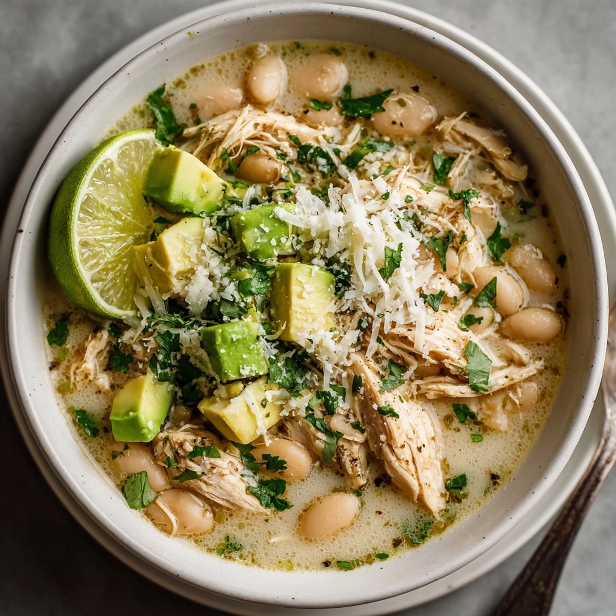 Close-up of Budget-Friendly White Chicken Chili with Secret Beans, garnished with cheese and lime wedges