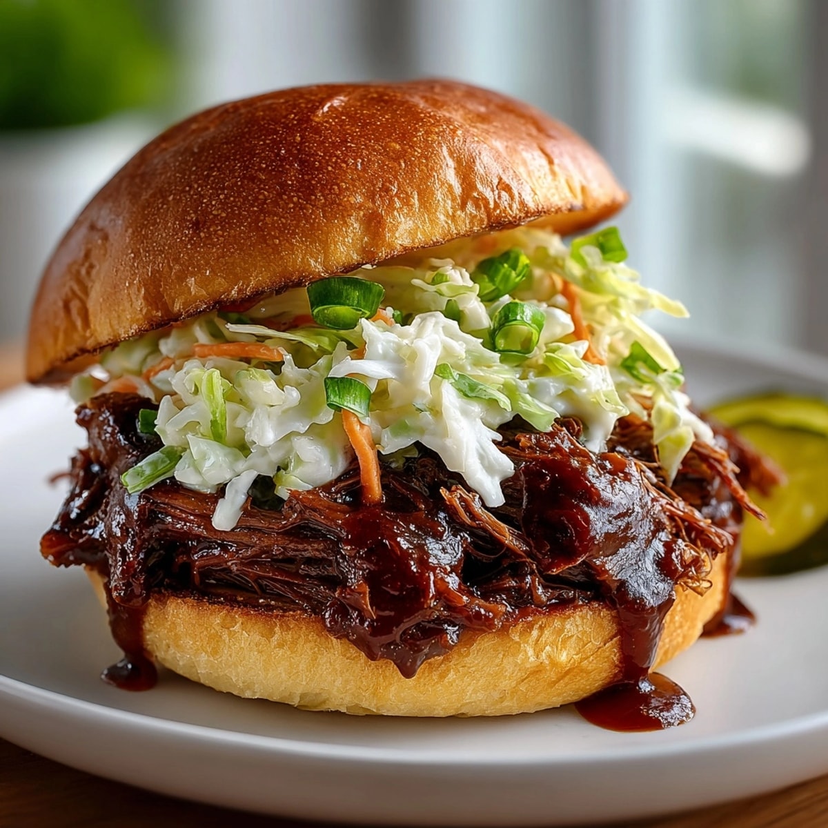 Juicy Rebel Float Root Beer Braised Short Rib Sliders layered with creamy slaw on toasted buns