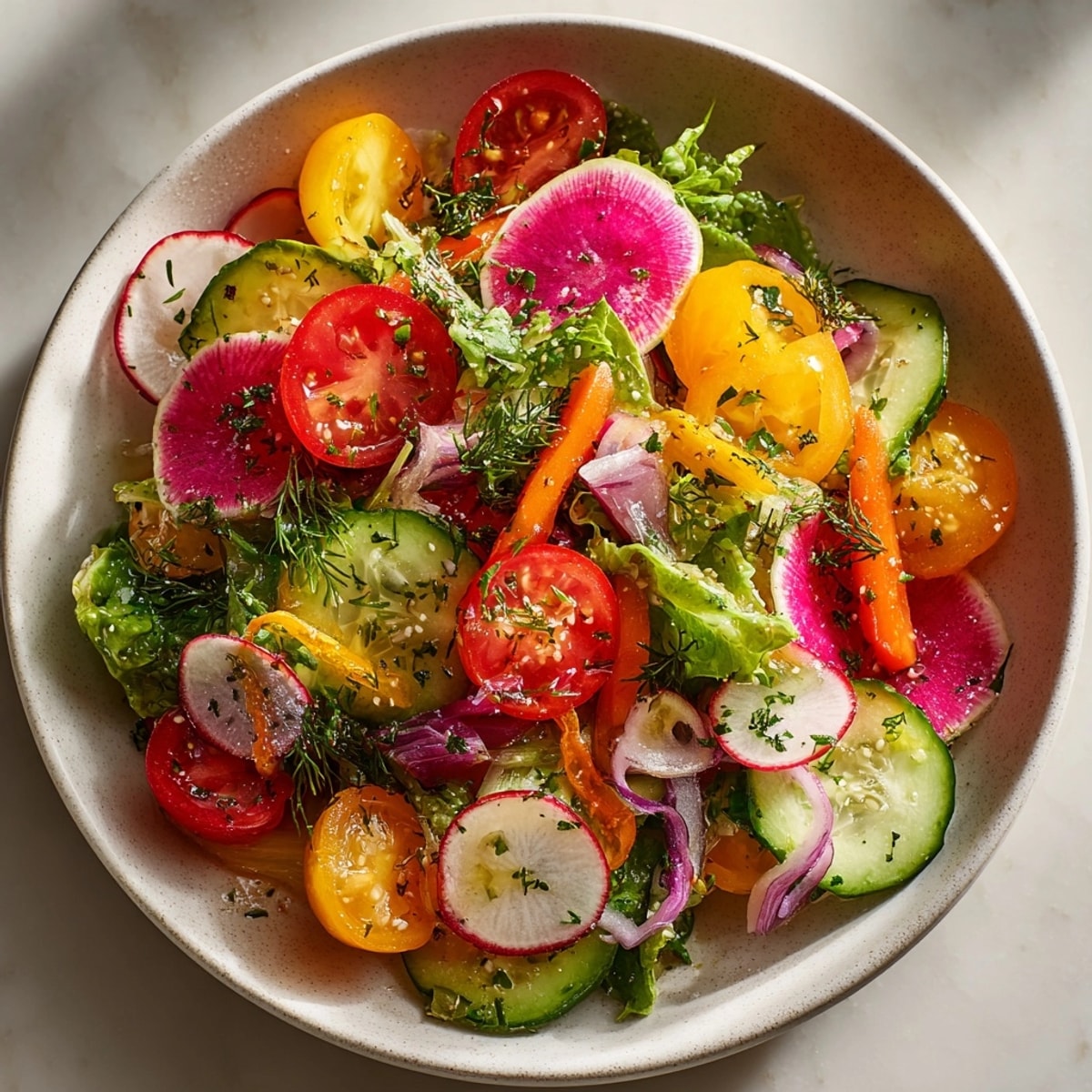 Fresh Garden Salad with Pickle Vinaigrette Twist tossed with vibrant veggies and sprinkled dill