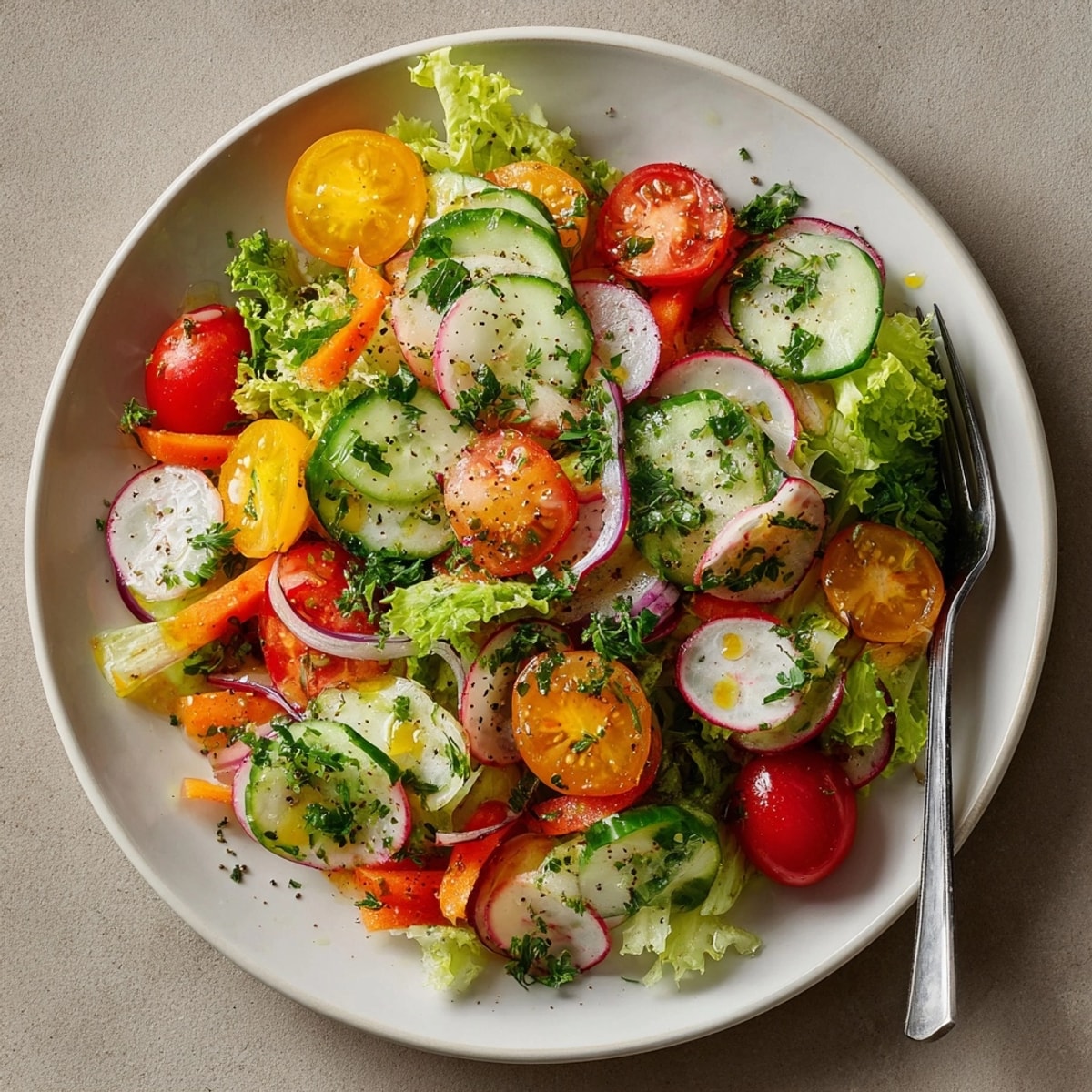 Serving bowl of Fresh Garden Salad with Pickle Vinaigrette Twist, ready for a summer lunch