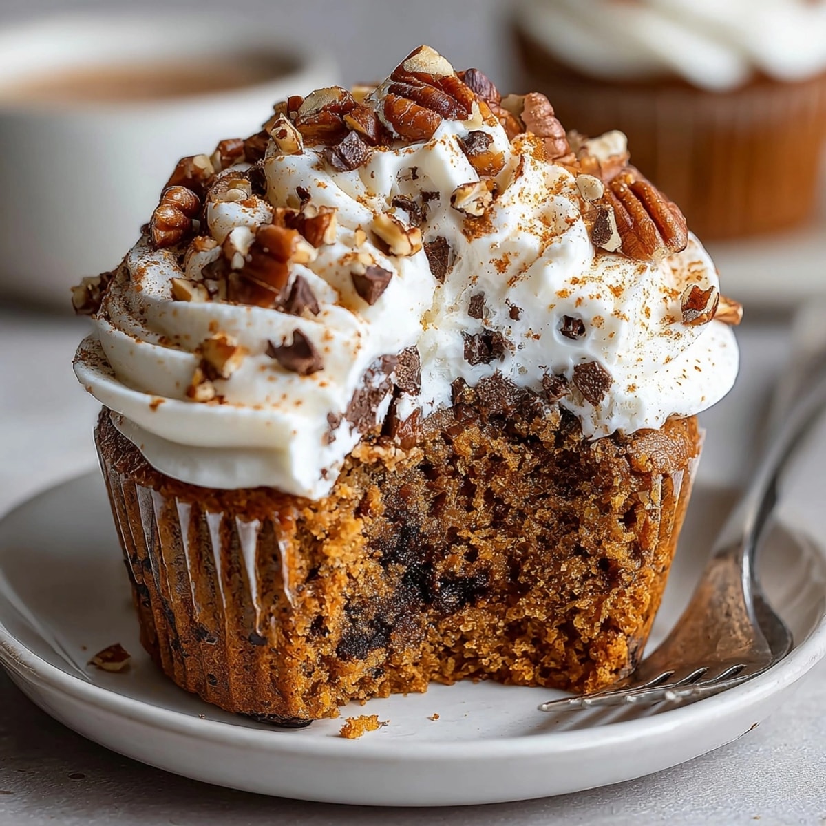 Chaos Cake Pumpkin Spice Disaster Cupcakes topped with creamy frosting and a sprinkle of pumpkin spice.