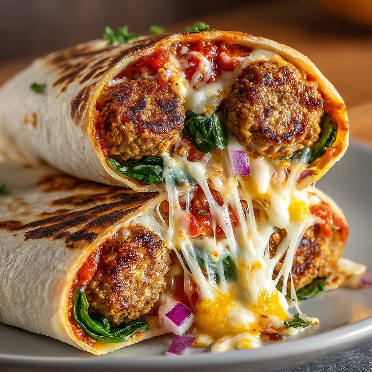 Simple Turkey Meatball Sub Lunch Wraps with melted cheese and marinara, sliced and ready to serve.