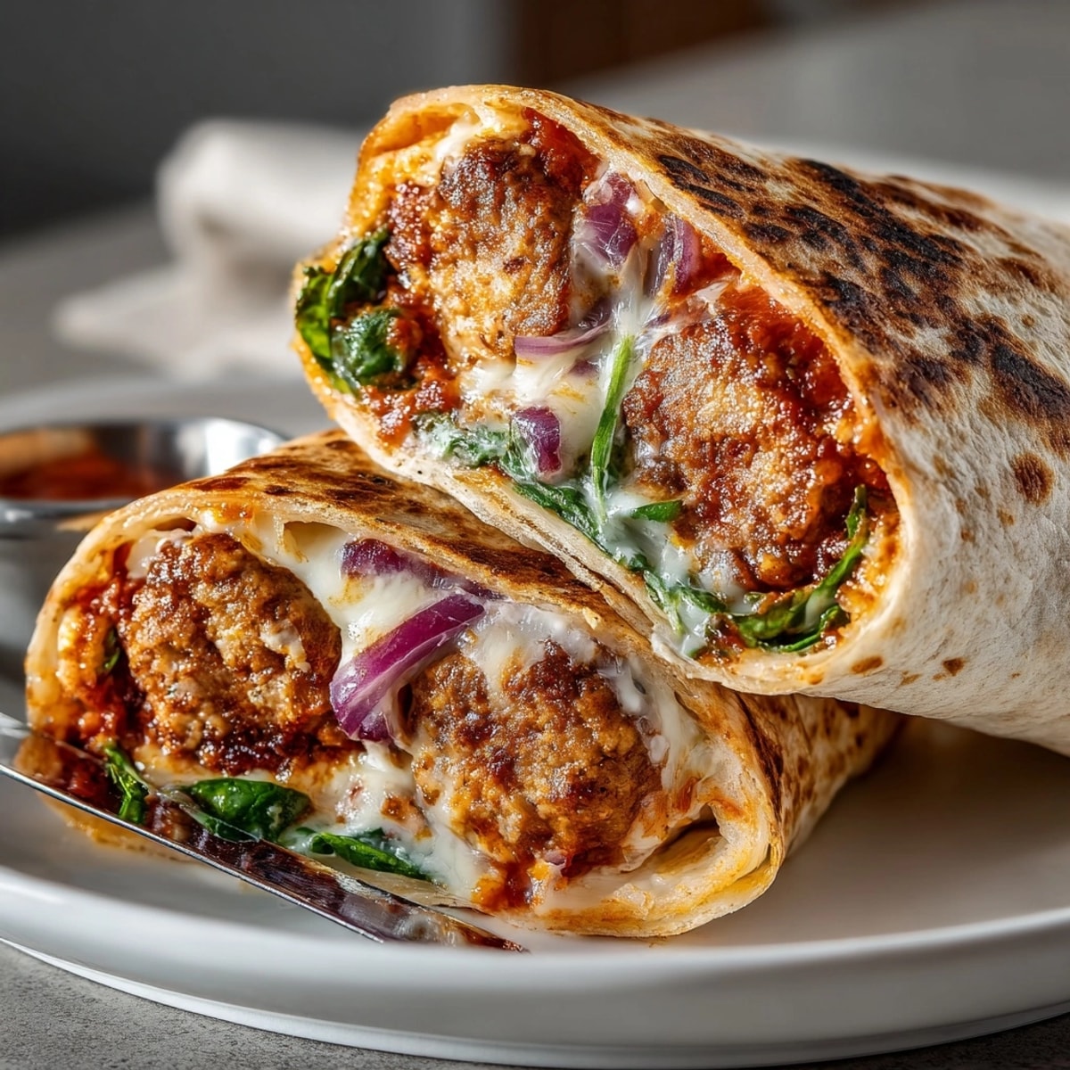 Freshly made Simple Turkey Meatball Sub Lunch Wraps on a plate with baby spinach garnish.