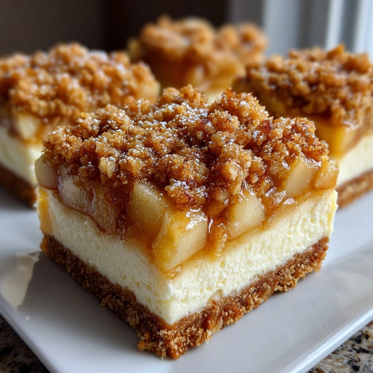 Sweet Comfort Apple Crisp Cheesecake Squares sliced on a plate, crisp topping glistening and inviting.