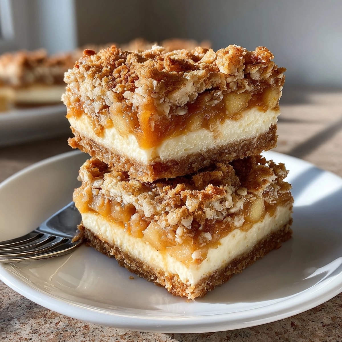 Golden-brown Sweet Comfort Apple Crisp Cheesecake Squares stacked, with creamy layers and cinnamon apple filling.