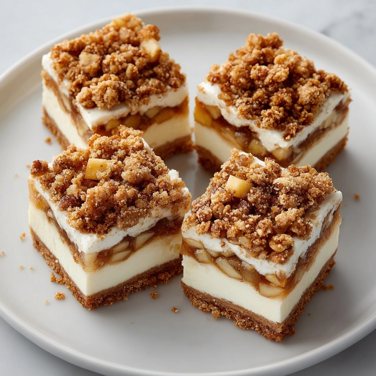 Sweet Comfort Apple Crisp Cheesecake Squares served chilled, topped with oats and a drizzle of caramel sauce.