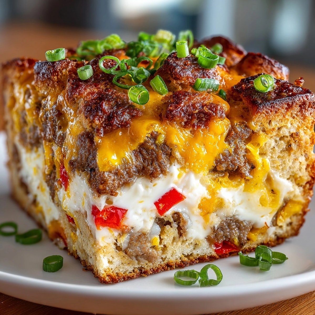 Prairie Style Sausage and Biscuit Breakfast Bake fresh out of the oven, golden and cheesy on top.